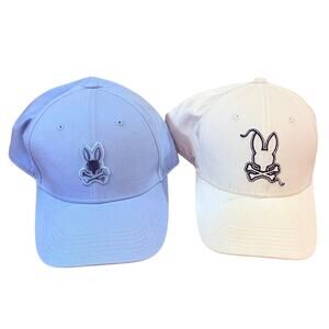 Psycho Bunny Hat Lot 2 Adjustable Baseball Caps Blue & White Logo